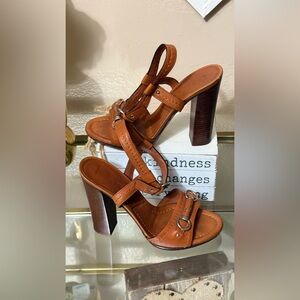 Dior Cognac Leather High Block Heel Sandals